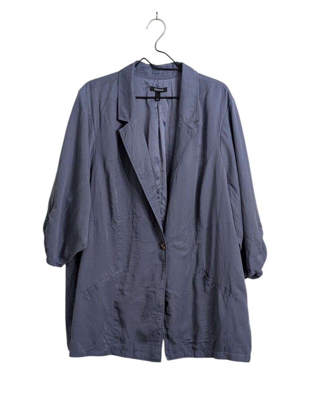 Torrid Lyocell Linen Blend One-Button Blazer Size 5X Pale Blue 3/4 Sleeve Modest